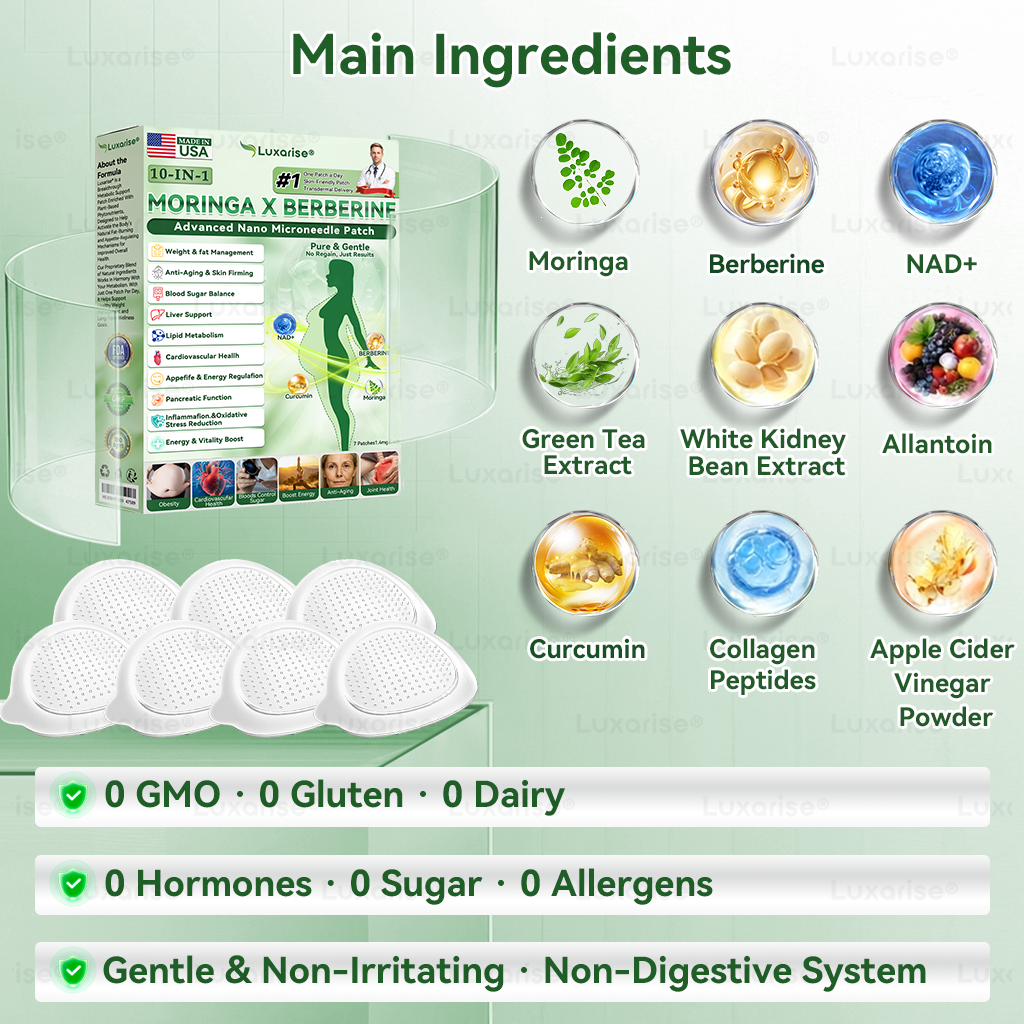 Uradna trgovina | 👩‍⚕️Luxarise® Moringa & Berberine 10-v-1 napredni nano mikroiglični obliž (enkrat dnevno, vidne spremembe v 7 dneh) ✅Debelost, sladkorna bolezen, apneja v spanju in težave s sklepi🥦